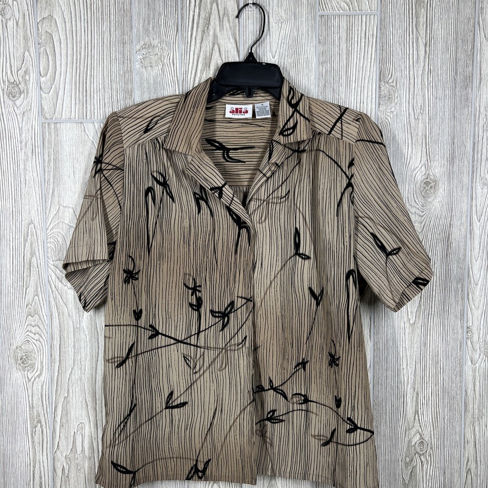 Alia‎ Shirt Womens 12P Petite Button Up Collar Short Sleeve Classic Print